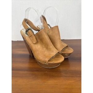 G by Guess Chunky Heel Strap Peep Toe Studded Sandal Brown 8.5M